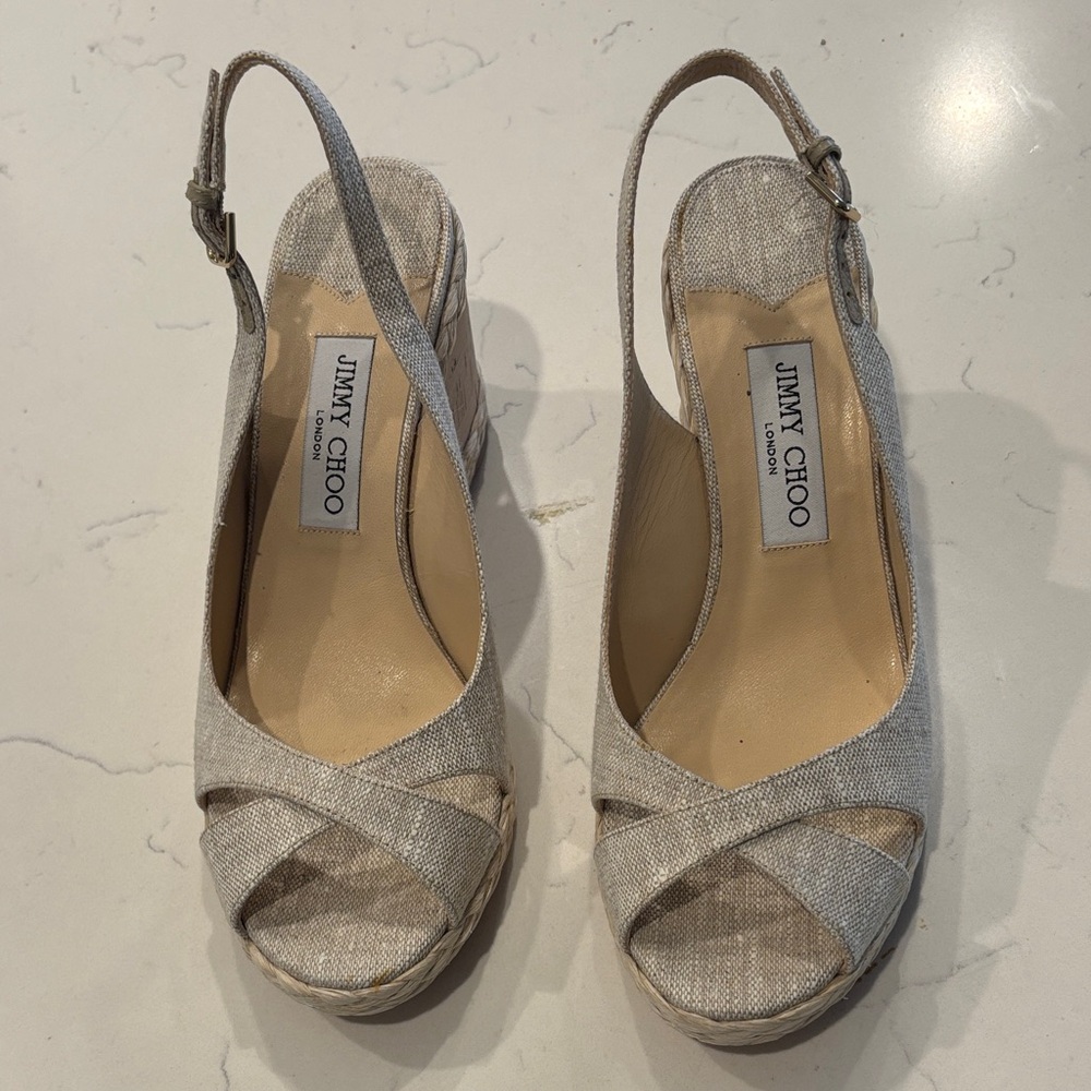 Jimmy Choo Beige Linen Slingback Wedge Sandals Never Worn